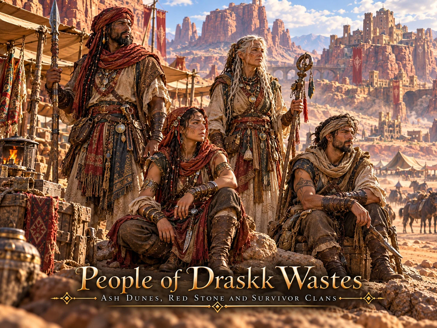 Travelers in layered robes with pack animals among red desert cliffs.