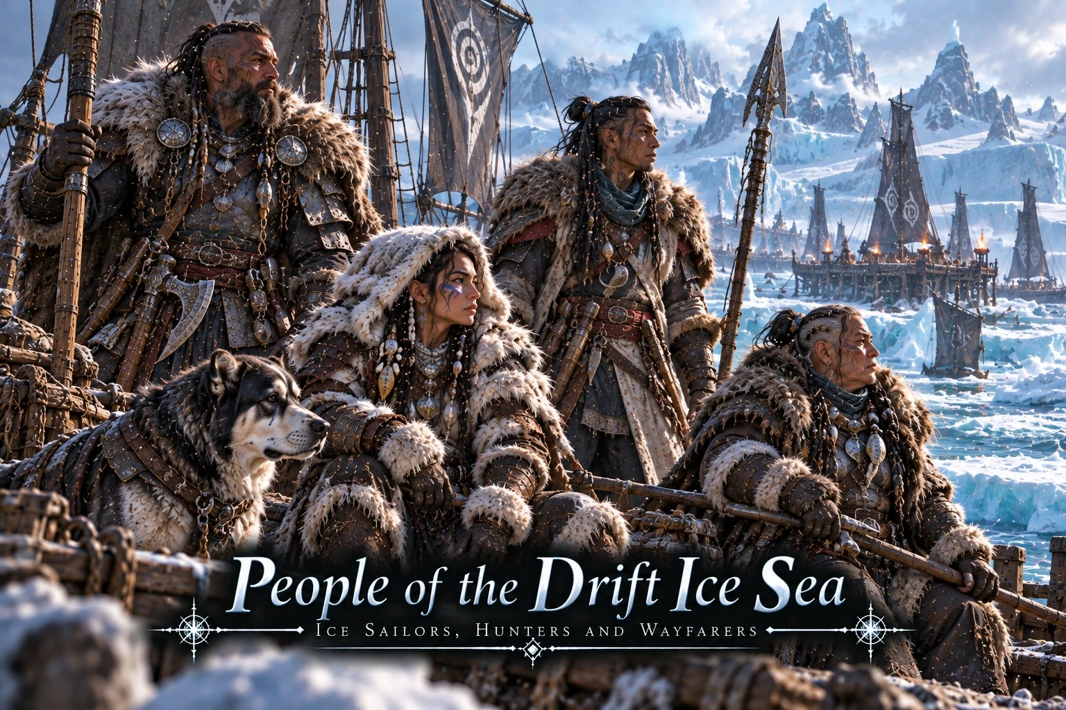 Residents in thick furs gathered beside boats and floating ice.