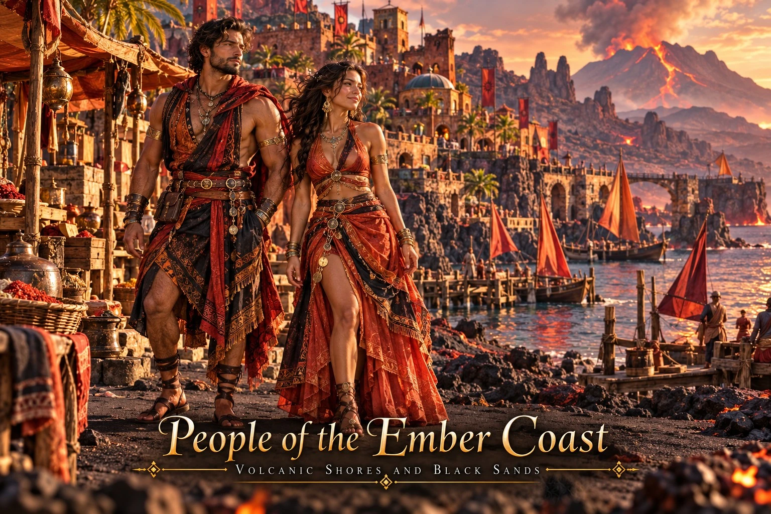 Two residents in red clothing beside a harbor beneath volcanic mountains.