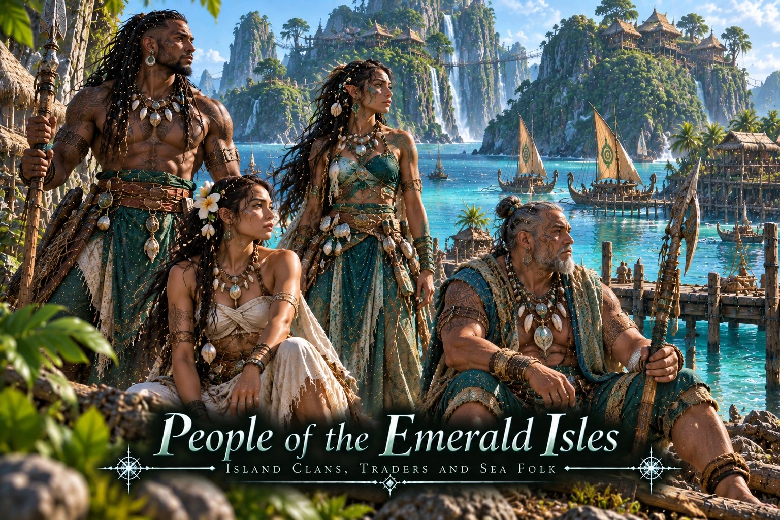Island residents gathered beside bright turquoise water and lush tropical cliffs.
