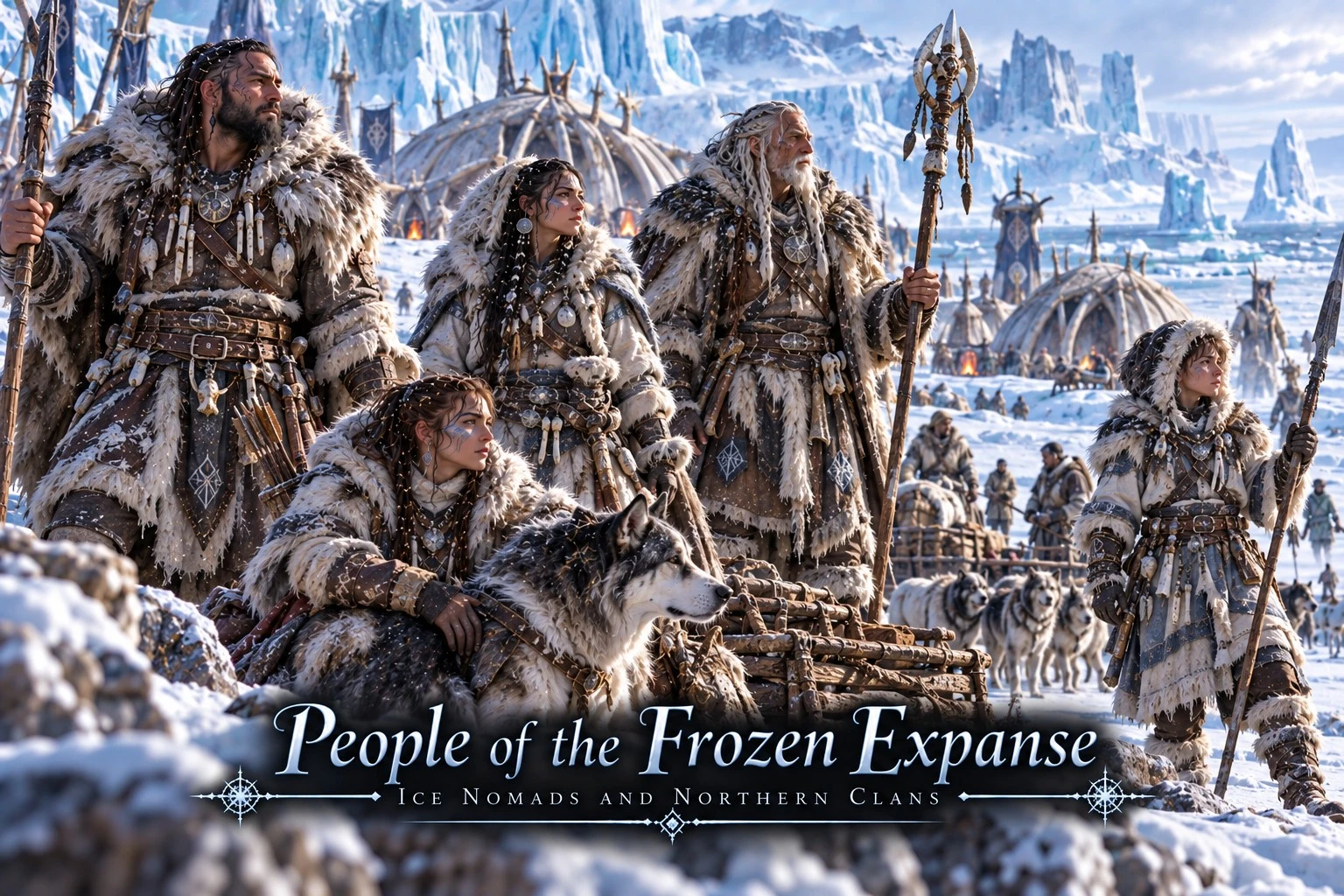 Residents in heavy furs gathered with packs and supplies in a snowy ice landscape.