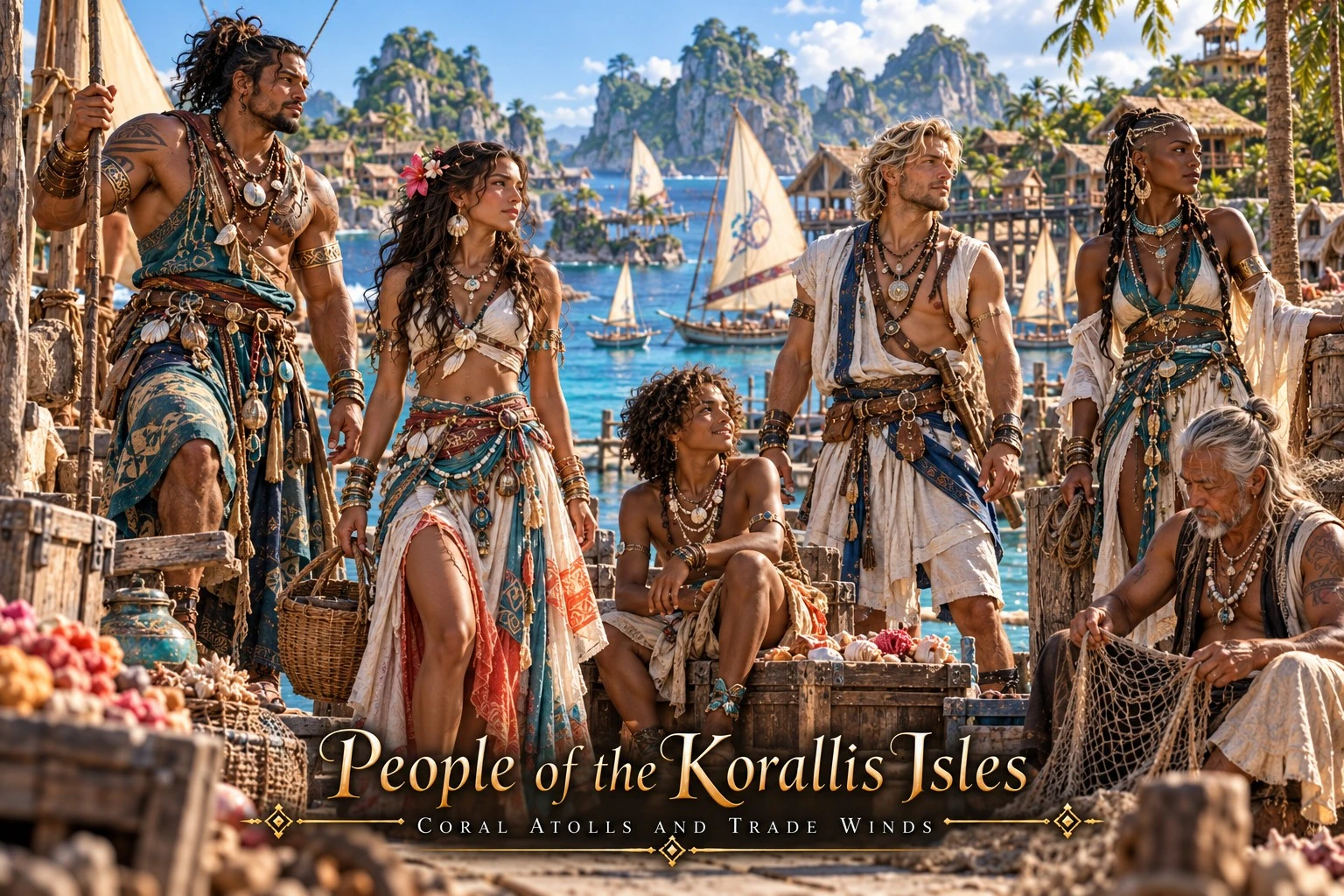 Island residents gathered on a tropical waterfront with boats and market produce.