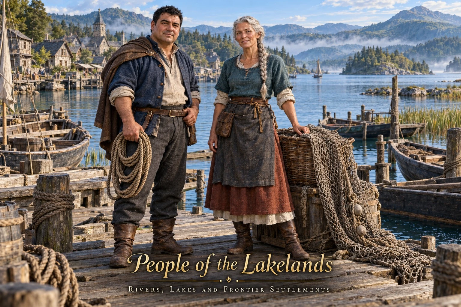 Two residents beside fishing nets and a lakeside quay.