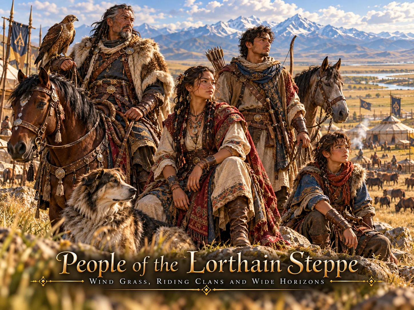 Steppe travelers with horses on grasslands beneath distant snowy mountains.