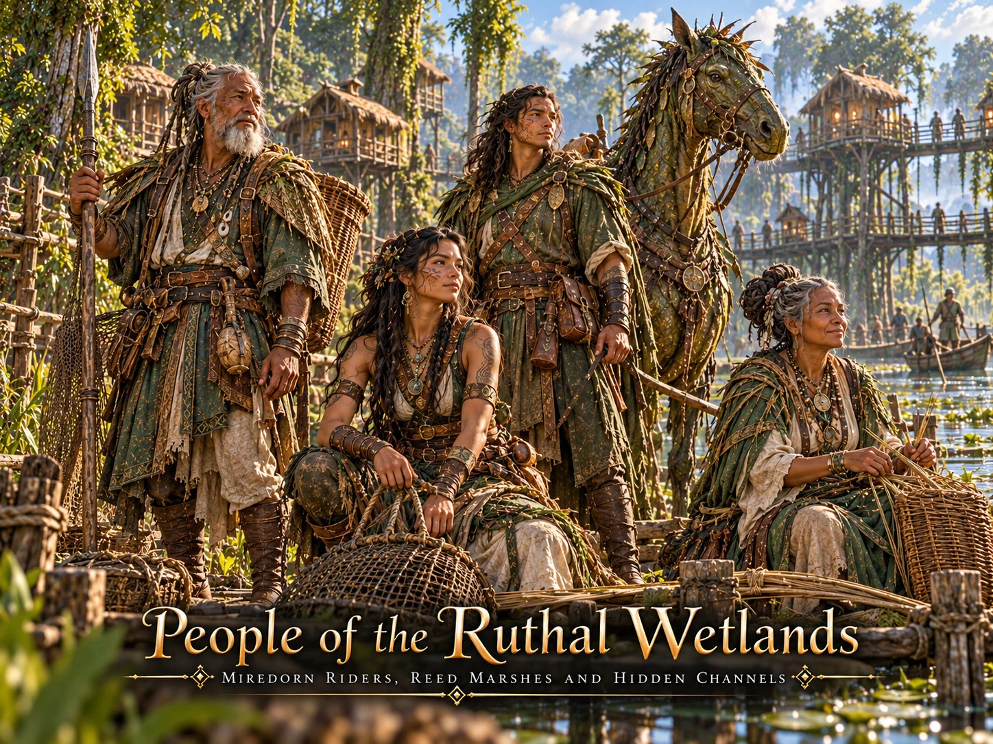 Wetland residents with woven baskets and a horse beside a wooded waterway.