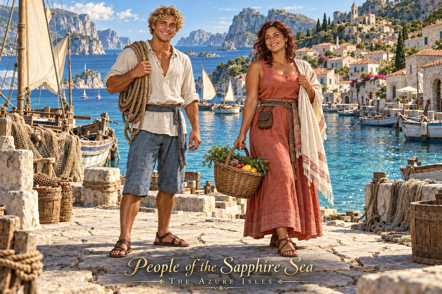 Two coastal residents on a sunny harbor quay with boats and baskets.