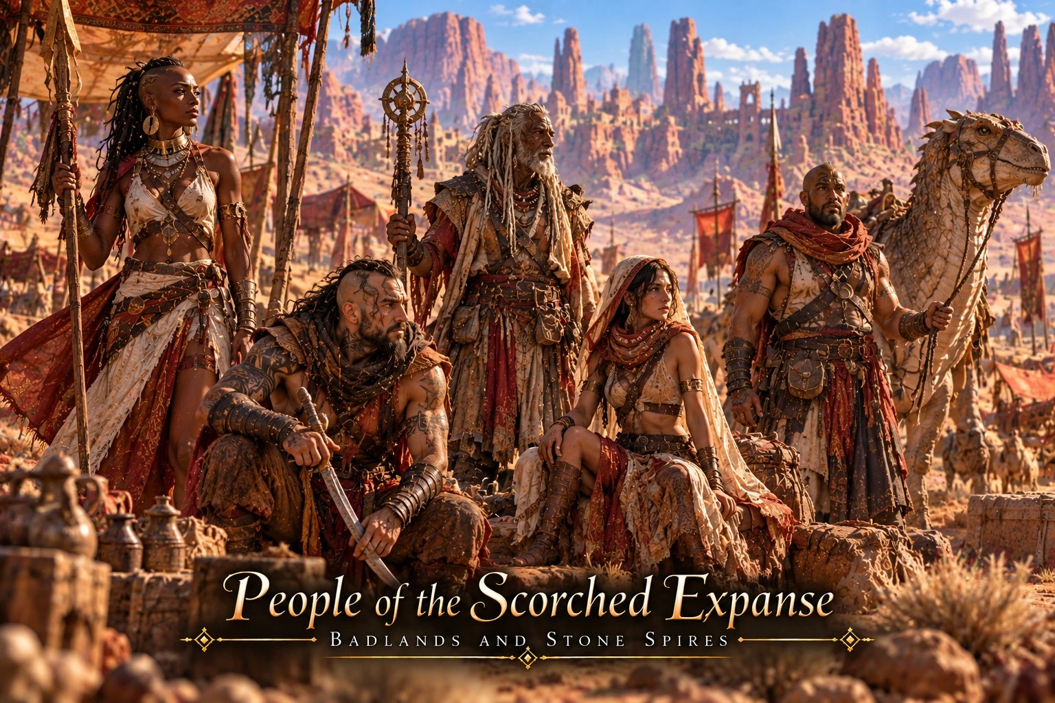 Desert travelers gathered among red rock spires with staffs and travel gear.
