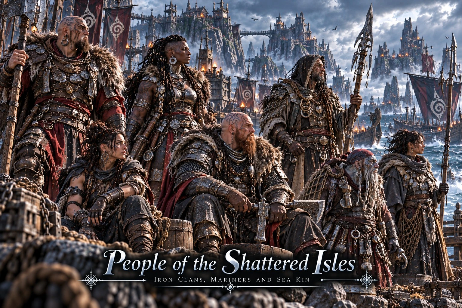 Island residents in dark furs and armor gathered beside a rugged harbor settlement.