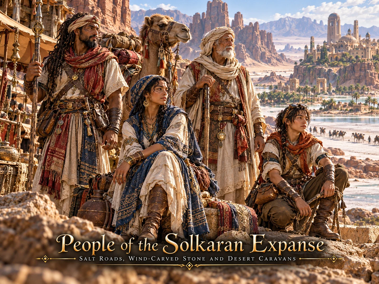 Desert residents with travel gear and a camel overlooking a broad river valley.