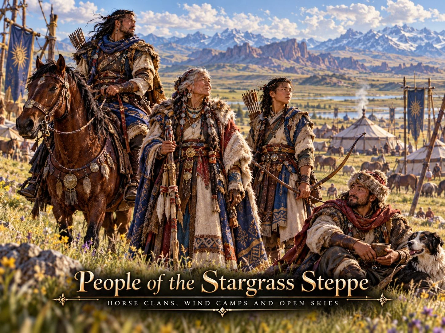 Steppe travelers gather with horses and supplies on open grasslands beneath distant mountains.