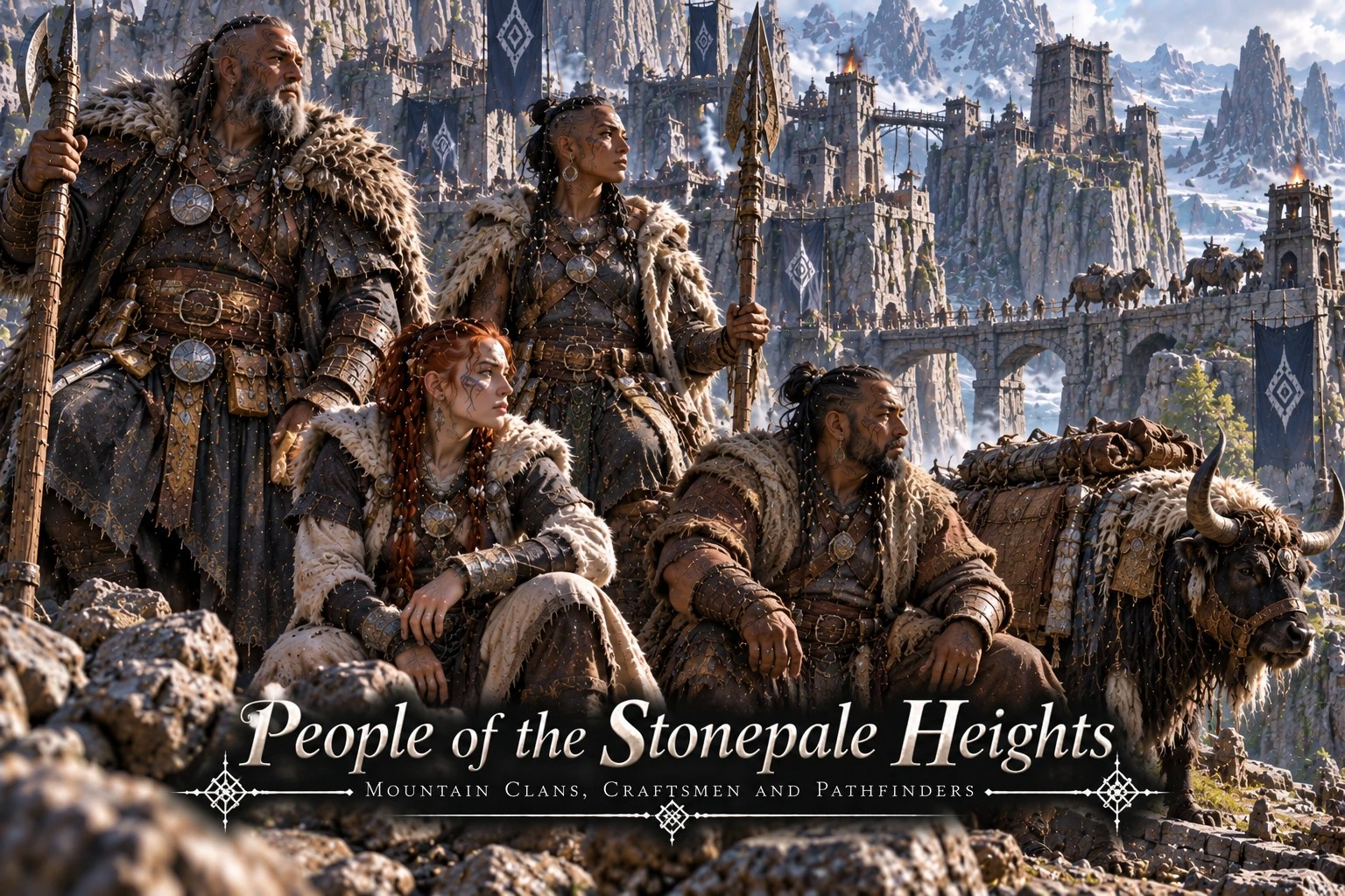 Mountain residents with heavy packs and furs gathered beneath steep pale cliffs.