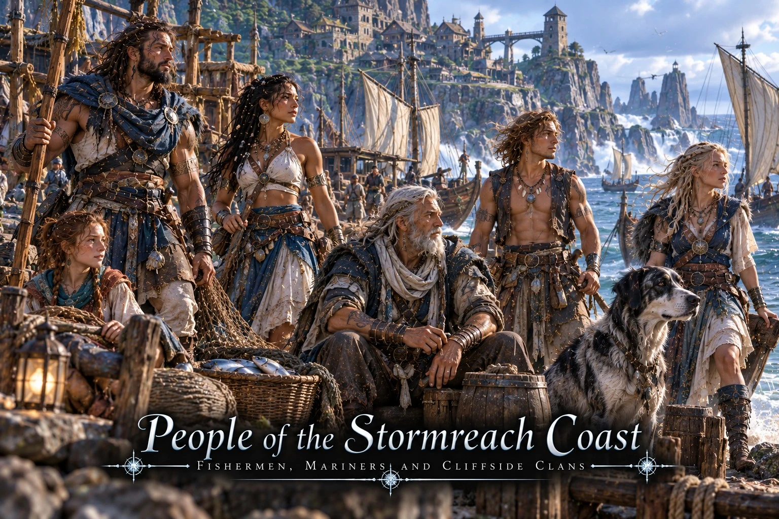 Coastal residents with travel gear beside a rocky harbor and cliffside settlement.