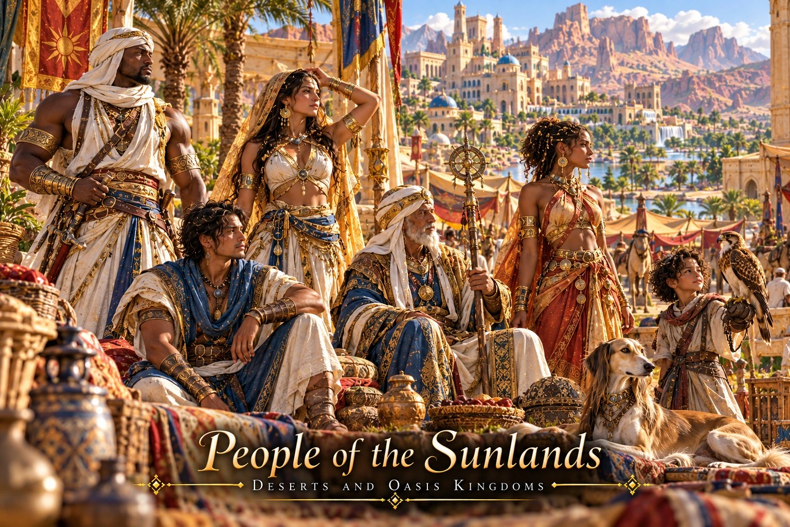 Residents in light robes gathered above an oasis city and desert valley.