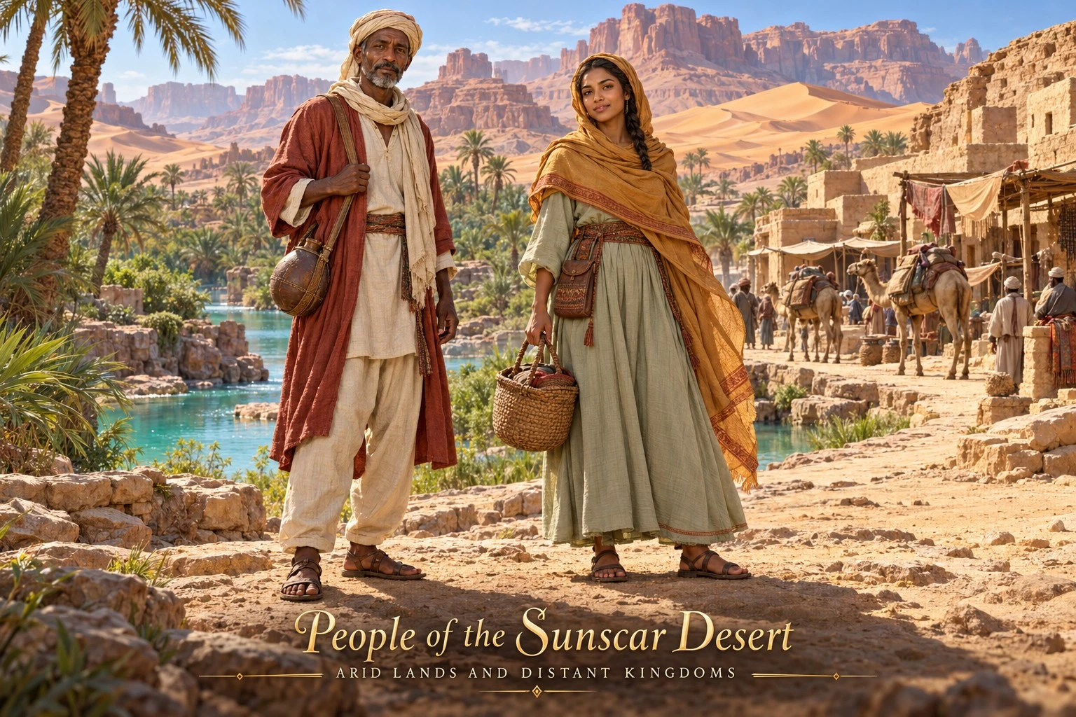 Two travelers beside a desert oasis and sandstone settlement.