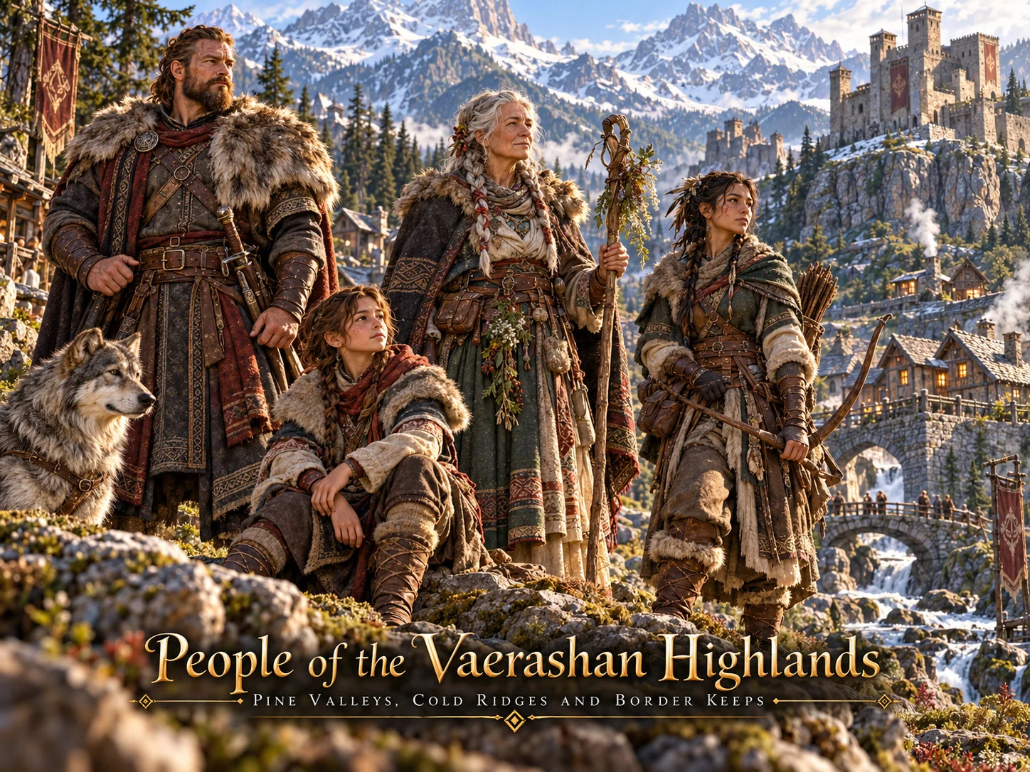 Highland residents in cloaks and furs on a rocky hillside below snowy mountains and a fortress.