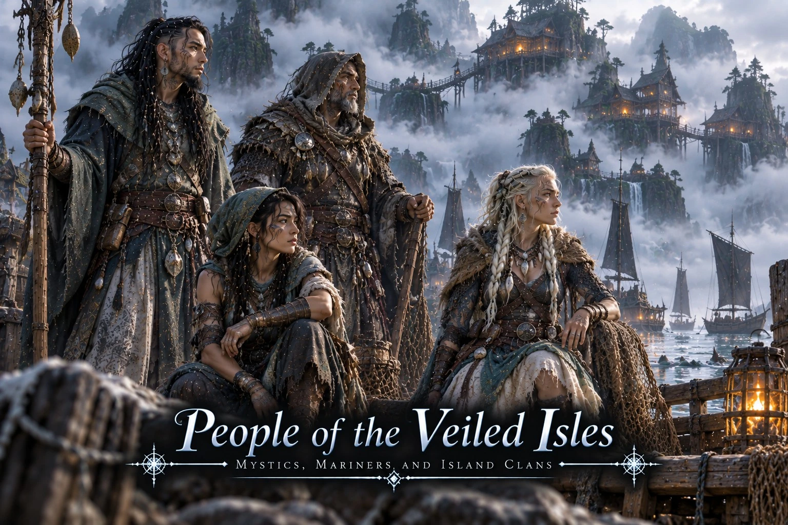 Residents in dark layered clothing gathered above a misty island harbor.