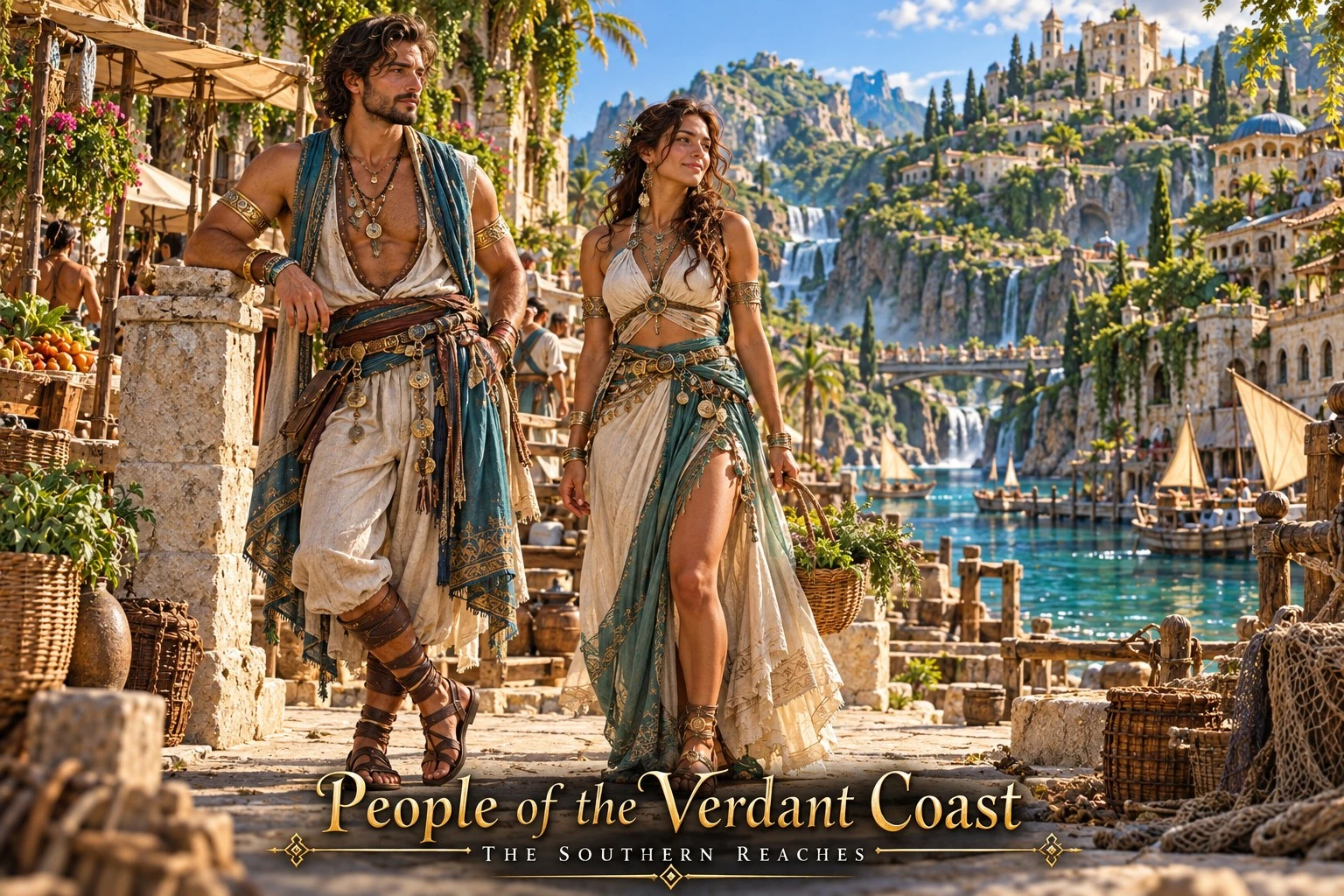 Two coastal residents beside a turquoise harbor and terraced seaside city.
