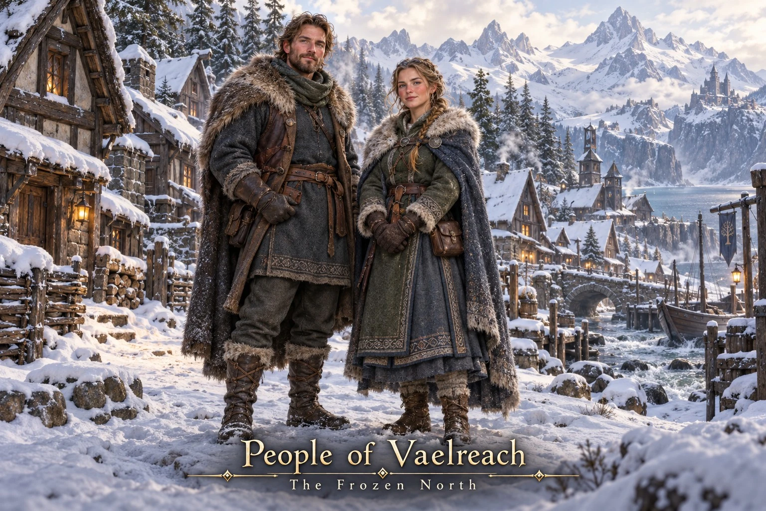 Two residents in winter clothing on a snowy village street beneath mountain peaks.