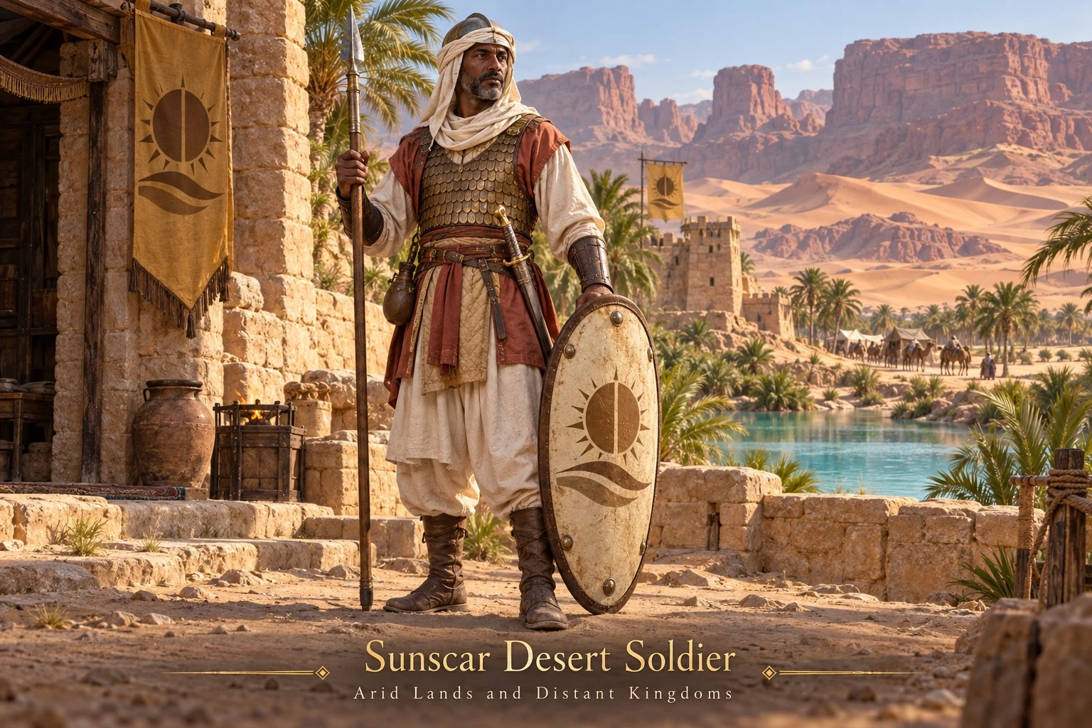 A soldier with a spear and shield beside a sandstone arch and desert oasis.
