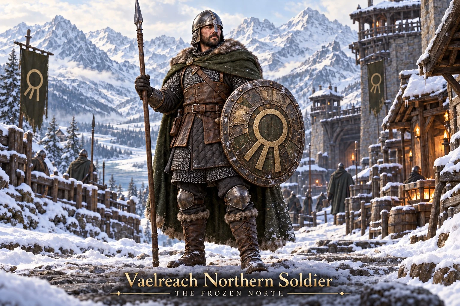 An armored soldier carrying a spear and round shield in a snowy mountain town.