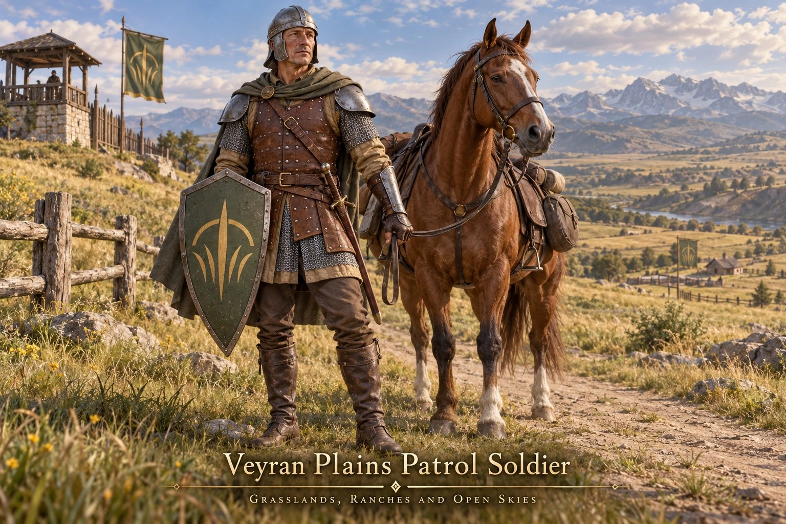A patrol soldier with a horse and shield overlooking open grasslands.