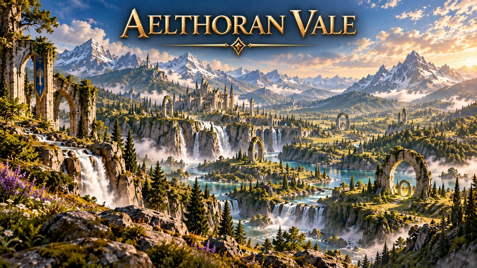 A broad mountain valley with waterfalls, rivers, and weathered stone arches.
