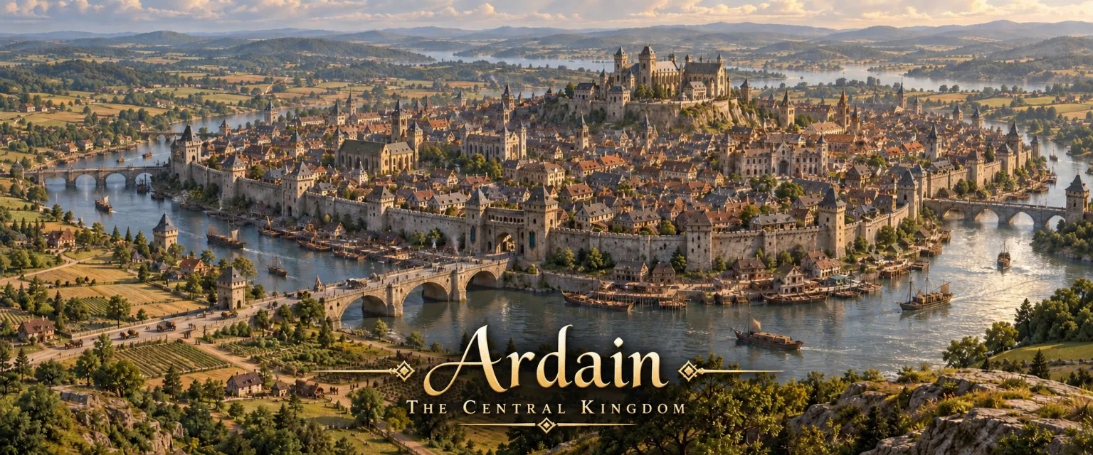 A sprawling city surrounds a hilltop castle within a broad river bend crossed by stone bridges.