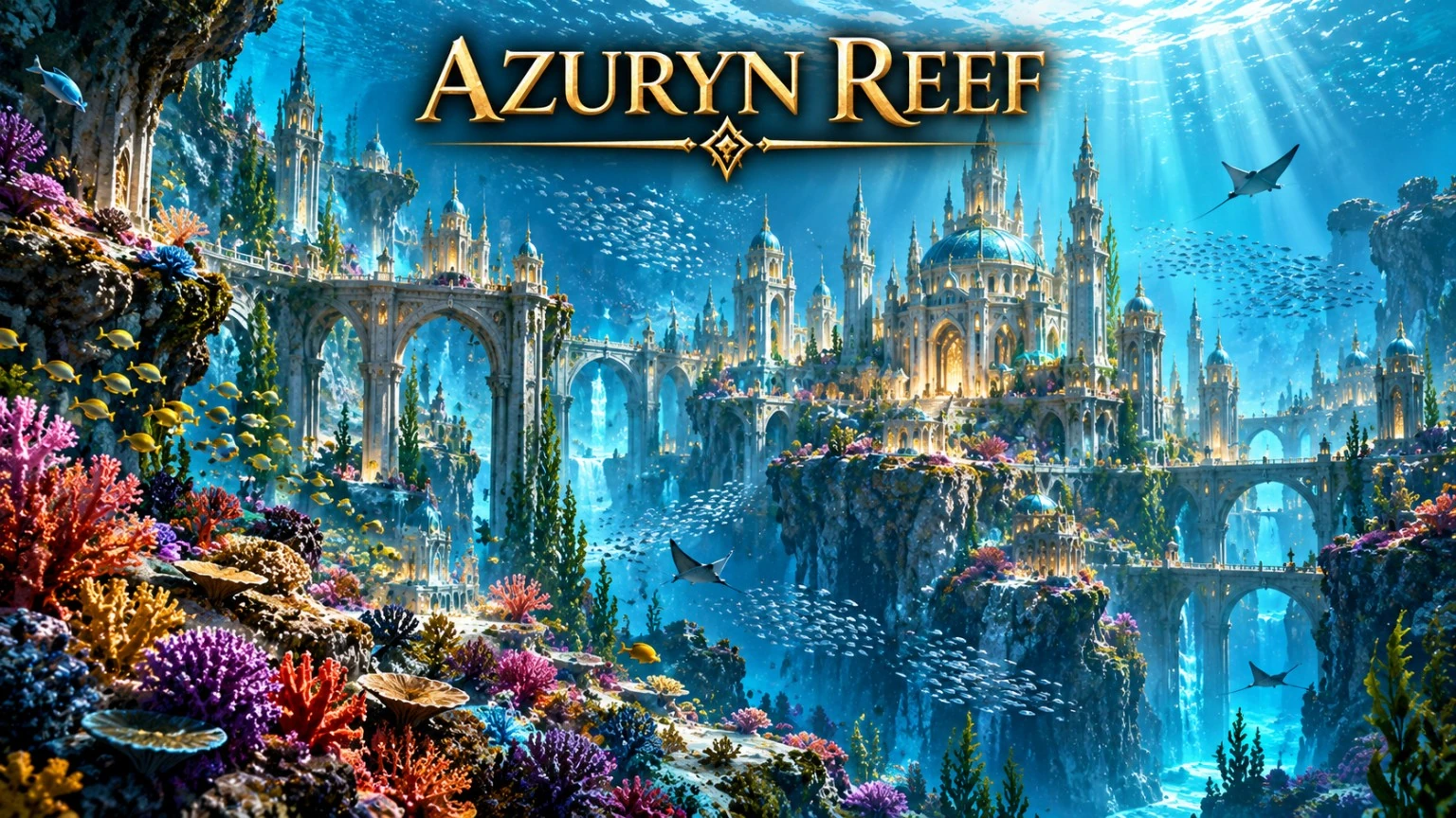 Colorful coral surrounds submerged towers and arches in clear blue water.