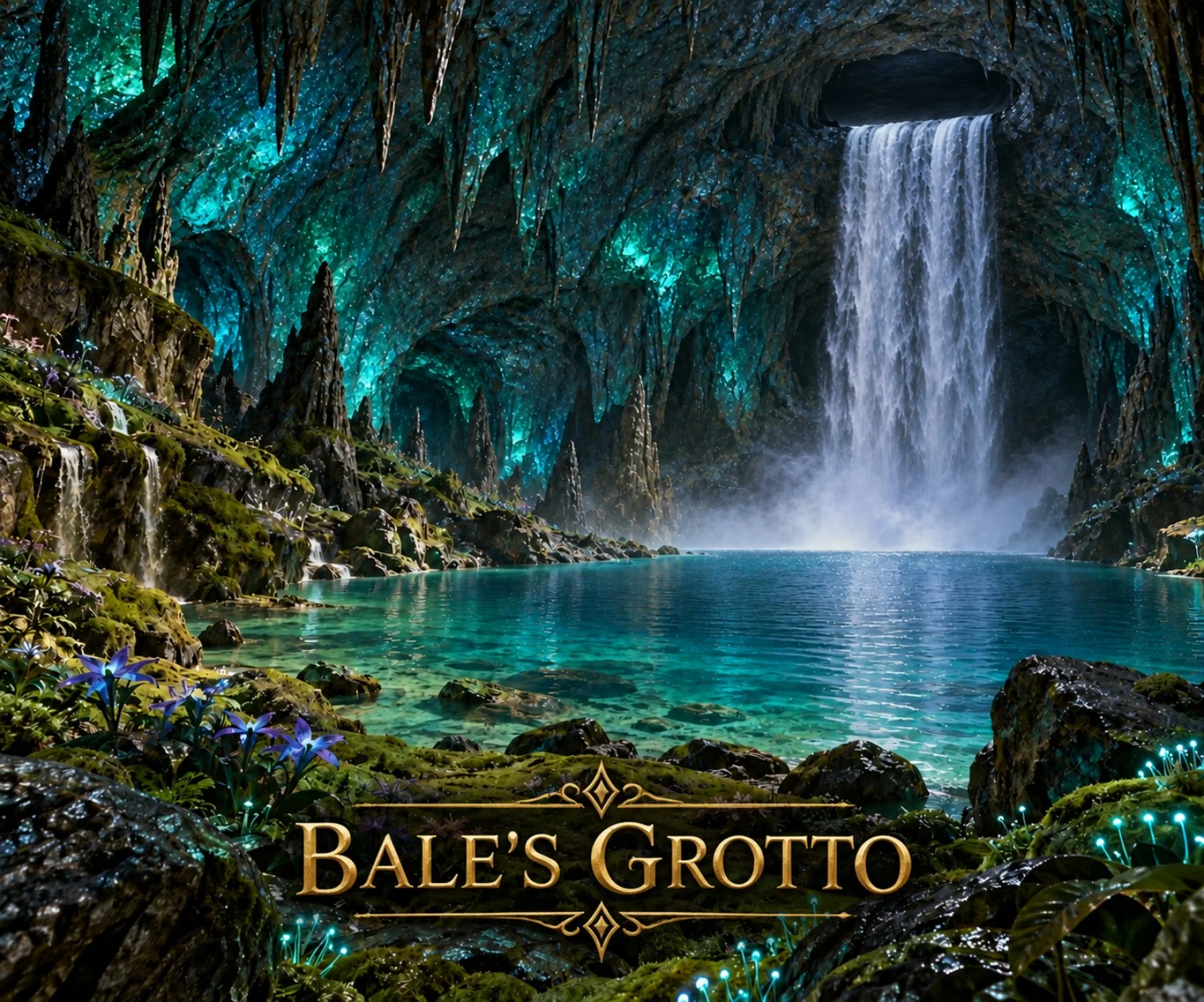 A waterfall pours into a clear turquoise pool inside a cavern lined with hanging rock formations and green moss.