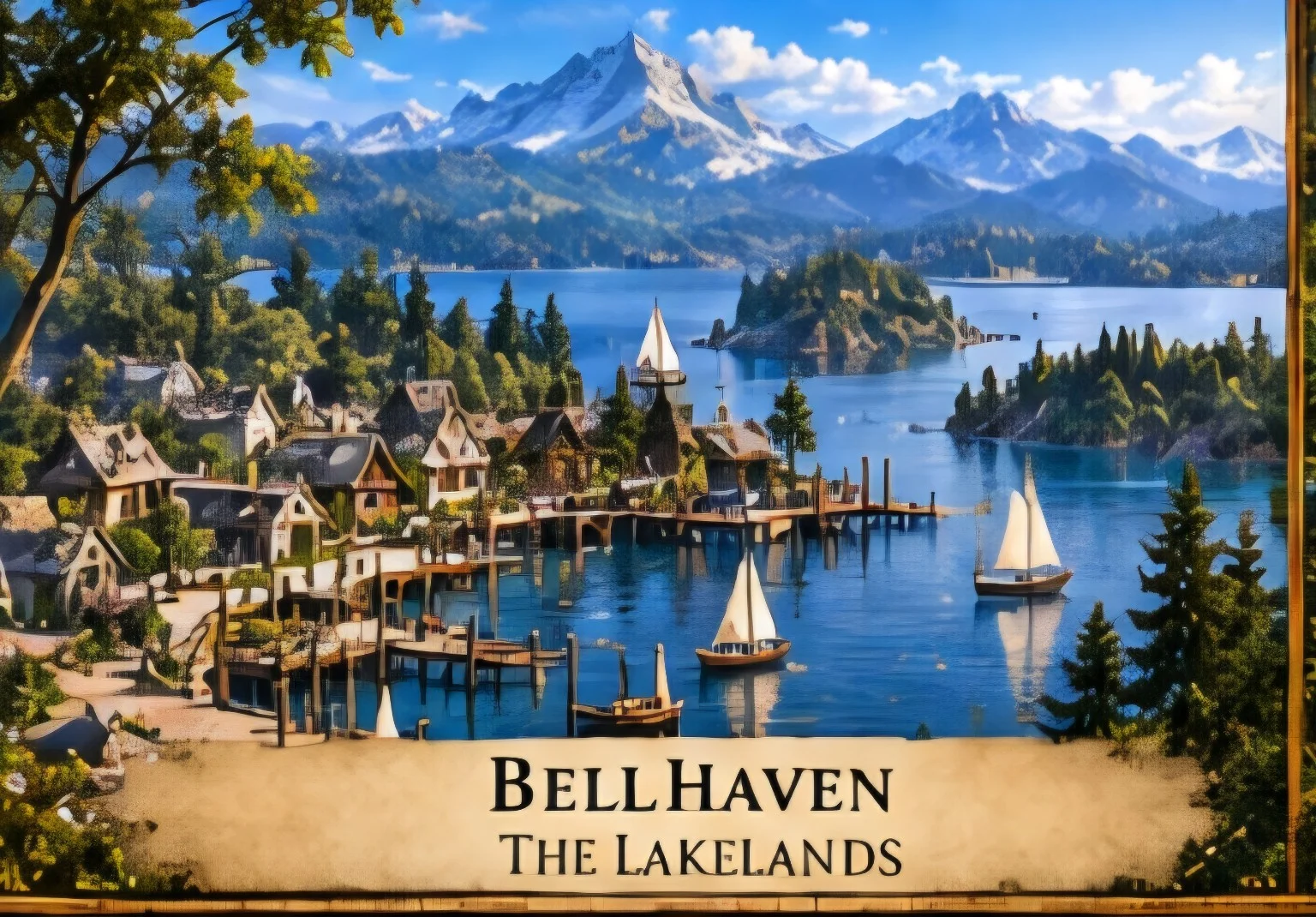 A lakeside village with wooden docks and sailing boats overlooks wooded islands and distant snow-capped mountains.