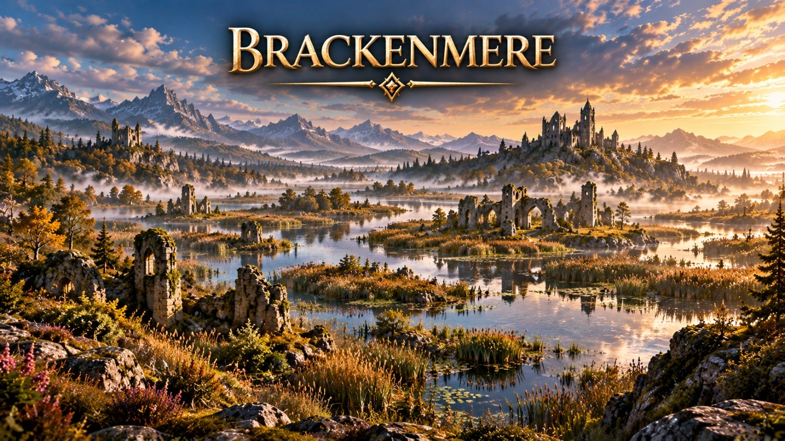 Wetlands and winding channels spread beneath distant mountains and a golden sky.