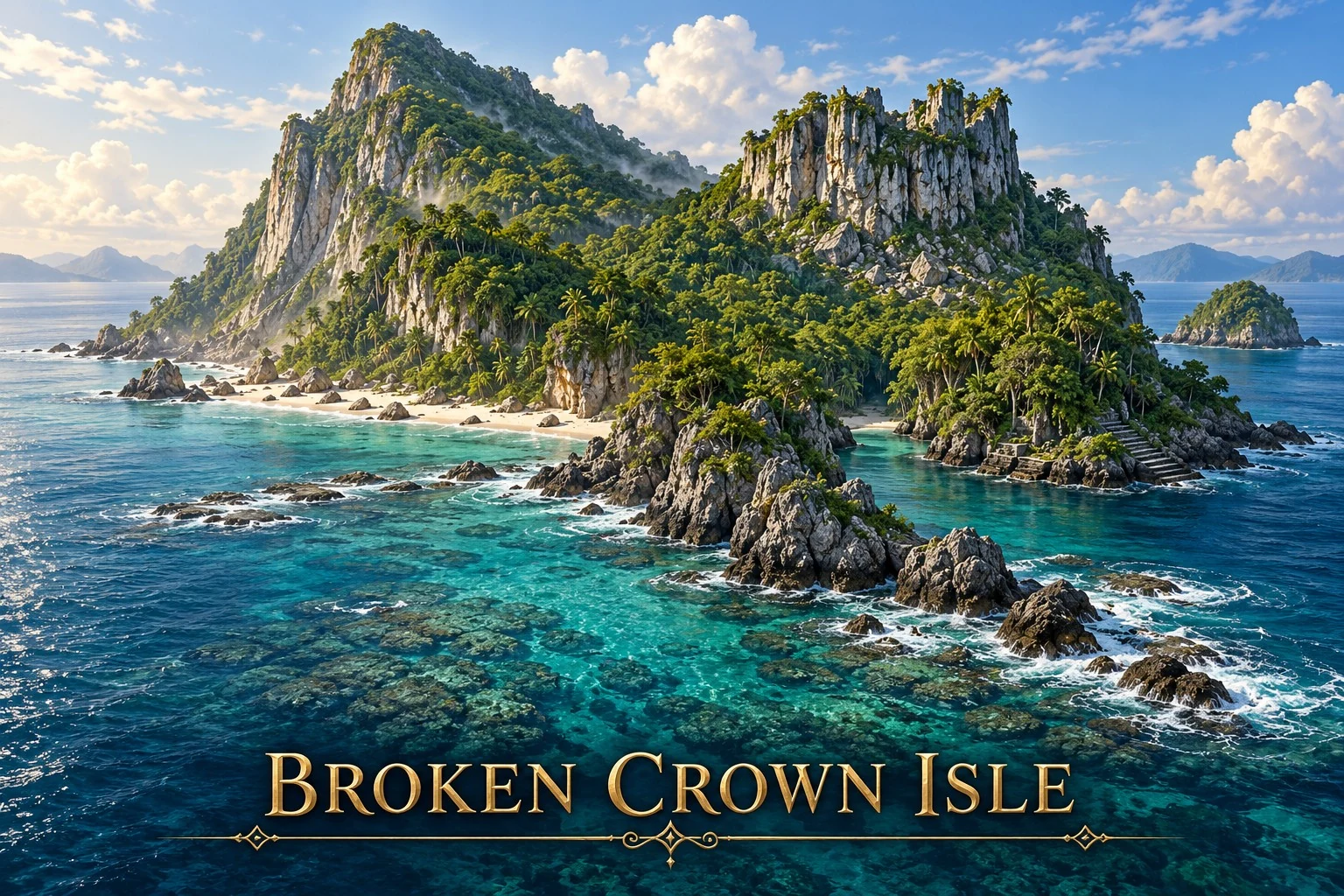 Jagged crown-like peaks rise above a forested island surrounded by rocky outcrops and turquoise surf.