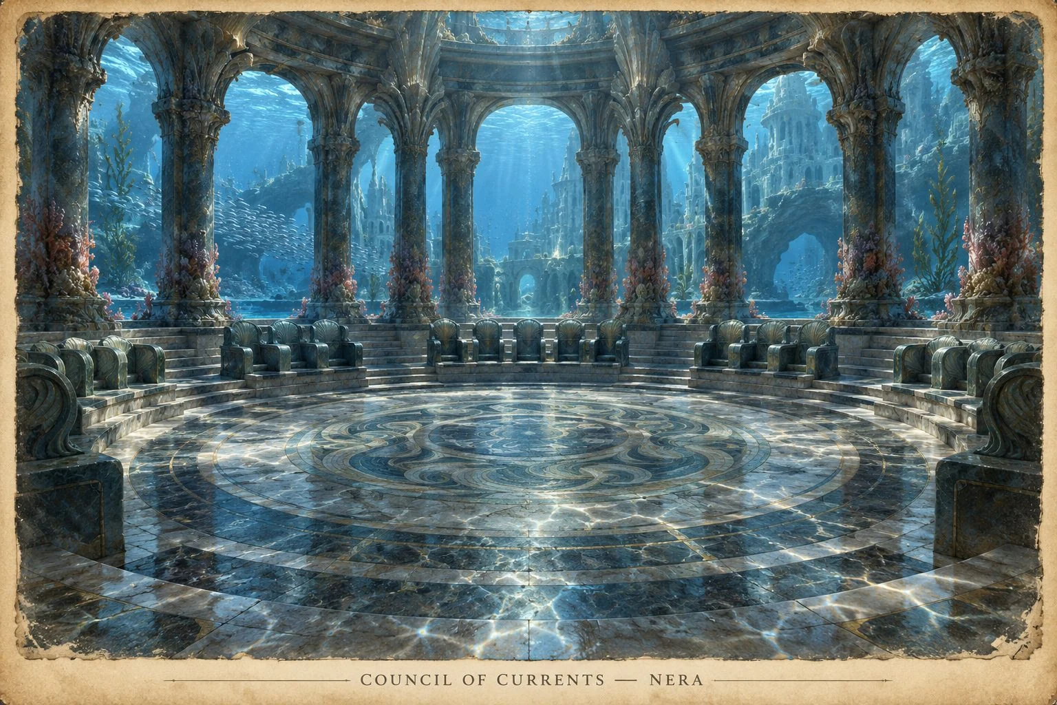 An underwater council chamber with a circular floor and tall arches opens onto blue water.