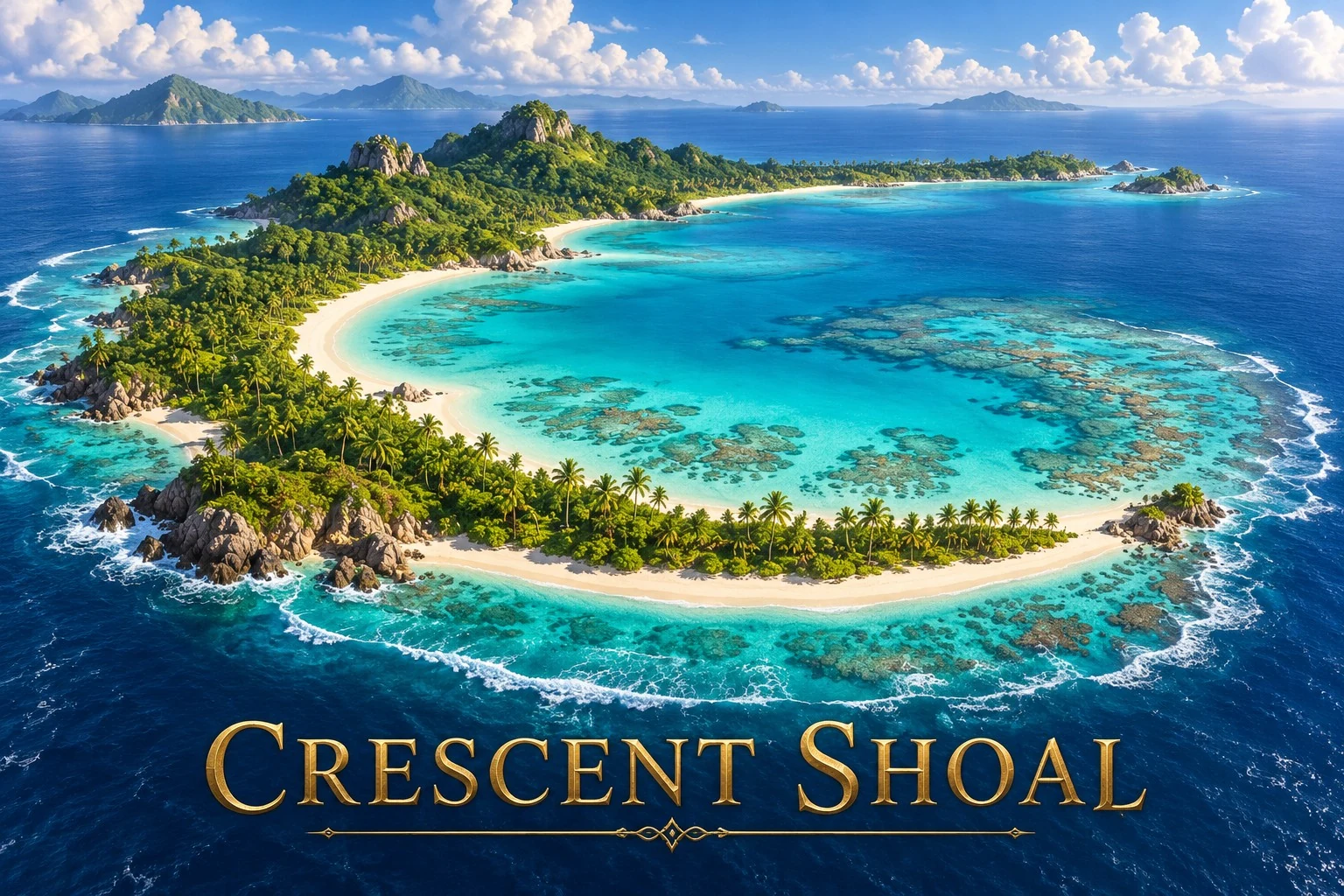 A crescent-shaped palm-lined island curves around a clear turquoise lagoon amid coral reefs and blue ocean.