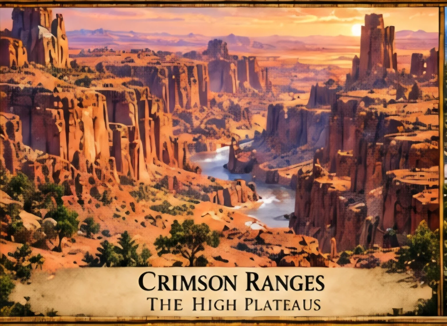 A winding river cuts through red rock canyons beneath towering mesas and a warm sunset sky.