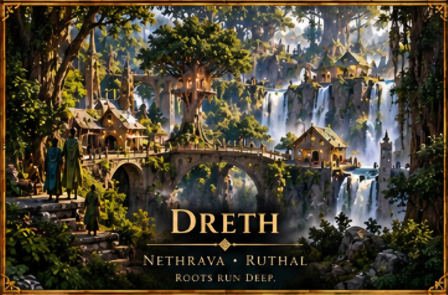 Wooden homes and stone bridges nestle among lush forest trees and cascading waterfalls.