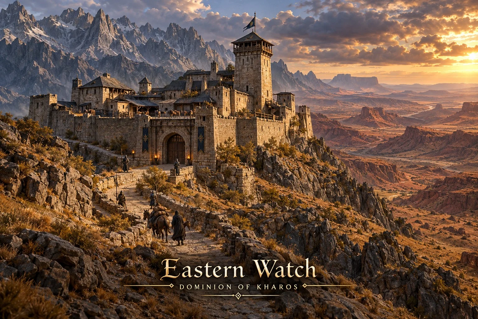 A fortified stone stronghold overlooks a winding mountain road and sunlit desert plateaus.