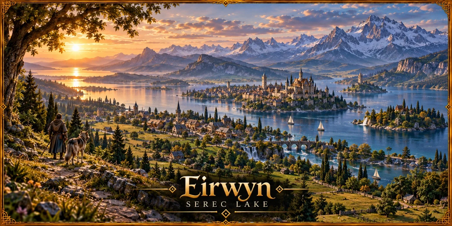 An island city and lakeside settlements surround a broad lake beneath mountains at sunset.