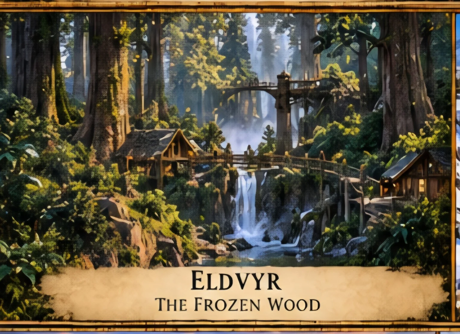 Wooden homes and walkways nestle among towering forest trees above a stream and waterfalls.
