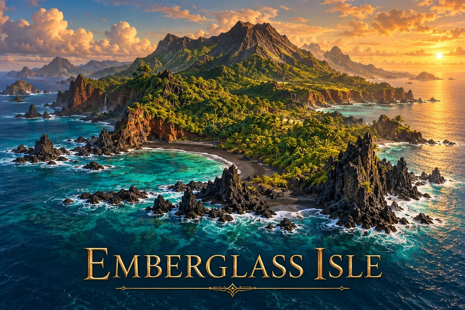 A volcanic island with forested slopes and dark rocky shores rises above turquoise coves at sunset.