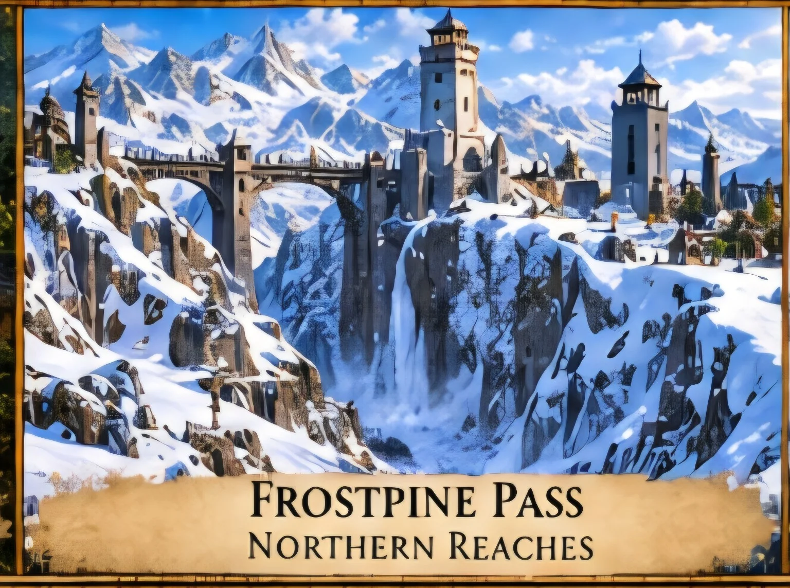 Stone watchtowers and a high bridge span a snowy mountain gorge beside cascading waterfalls.