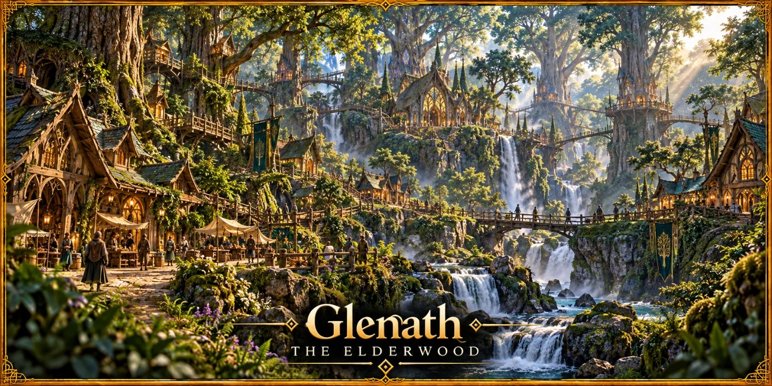 Timber homes and suspended bridges nestle among immense forest trees beside cascading waterfalls.