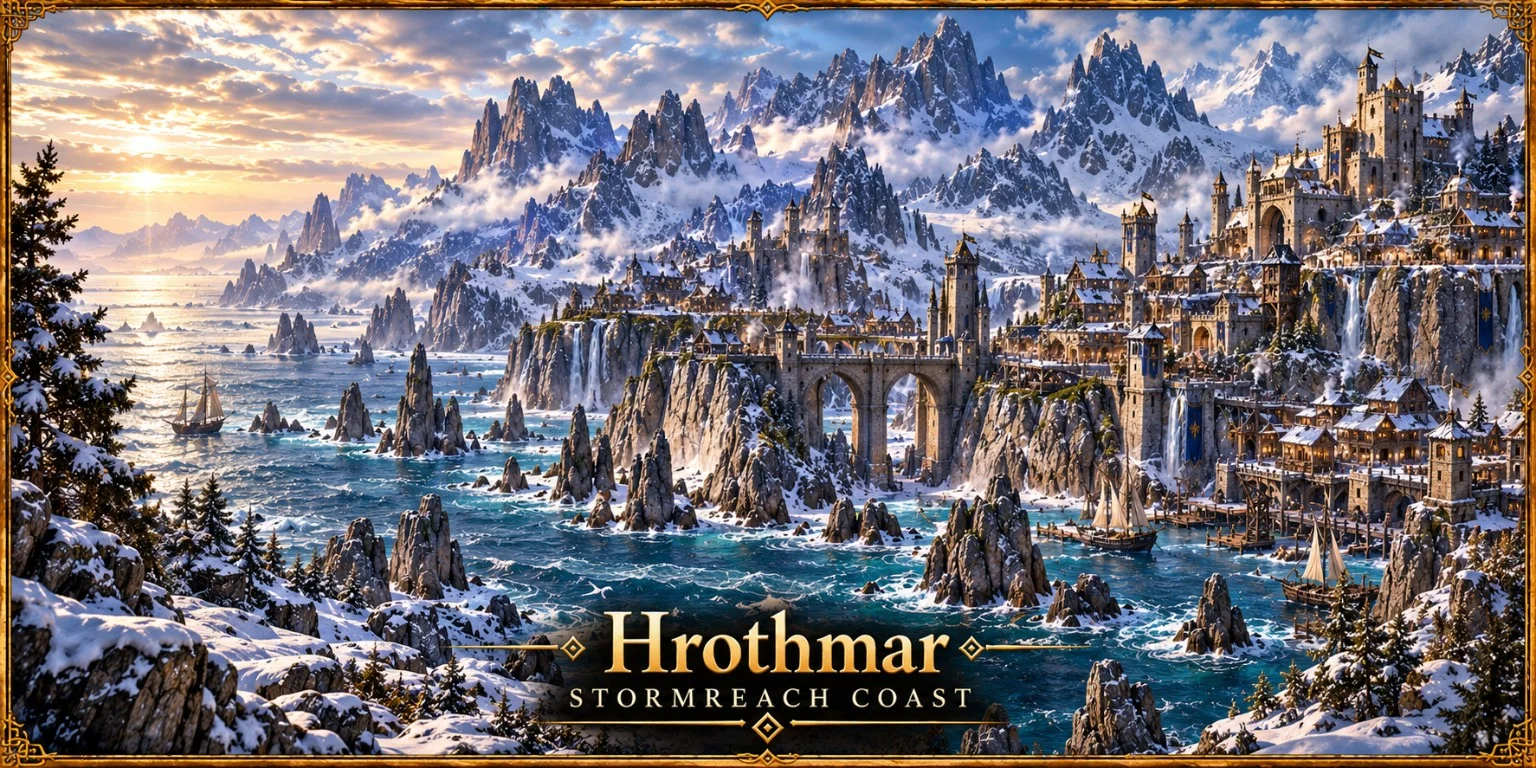 Snow-covered towers and arched bridges rise above a rugged coastline beneath jagged mountain peaks.