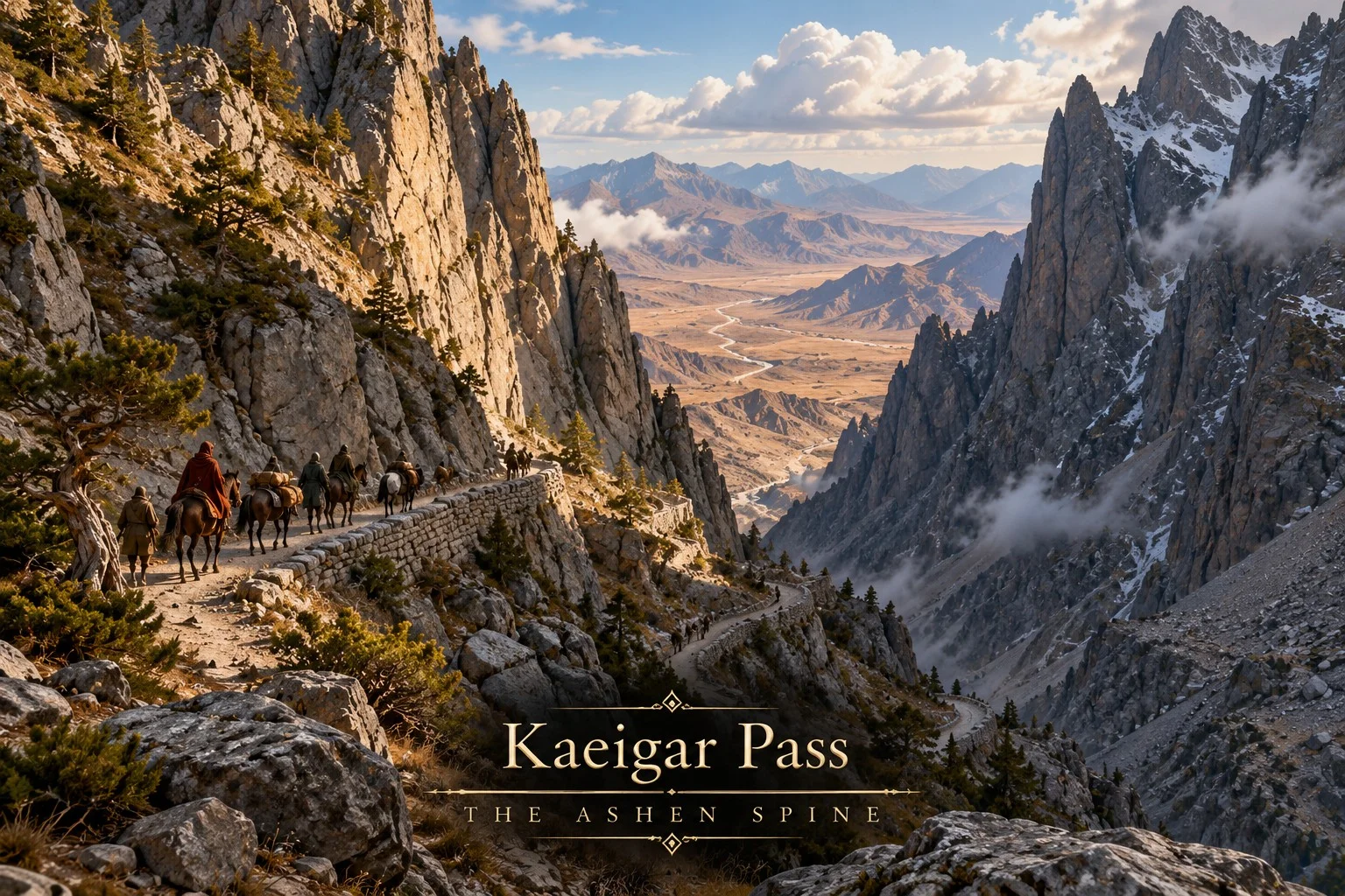 A caravan follows a narrow rocky trail between steep mountain cliffs above a distant dry valley.