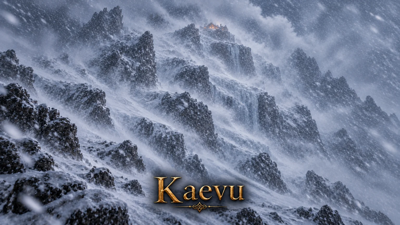 A distant mountain lodge glows above jagged, snow-covered peaks in a swirling blizzard.