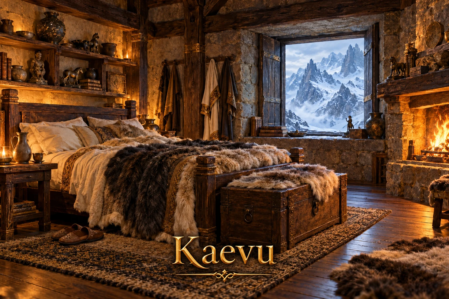 A candlelit stone and timber bedroom with a fur-covered bed, a glowing fireplace, and a window framing snowy mountain peaks.