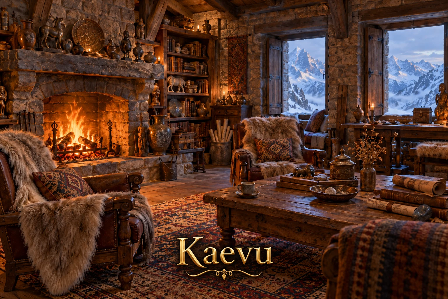 A warm stone and timber sitting room with a glowing fireplace, fur-covered chairs, books, and windows overlooking snowy mountain peaks.