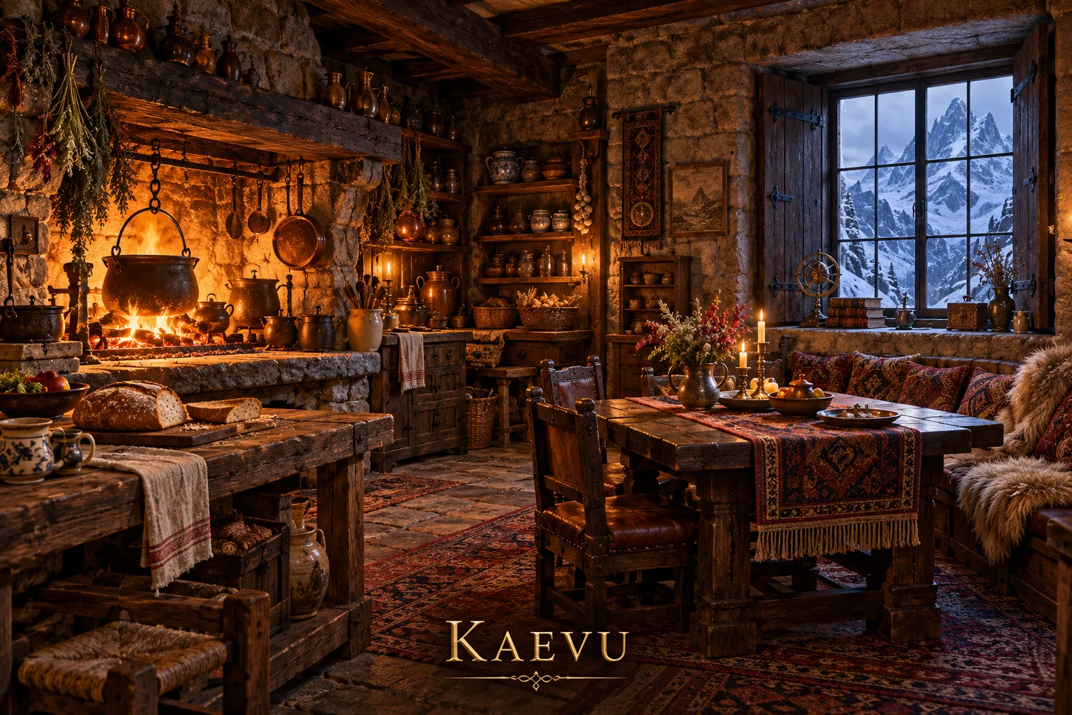 A rustic stone kitchen with a glowing cooking hearth, hanging herbs, and a wooden dining table overlooks snowy mountains.