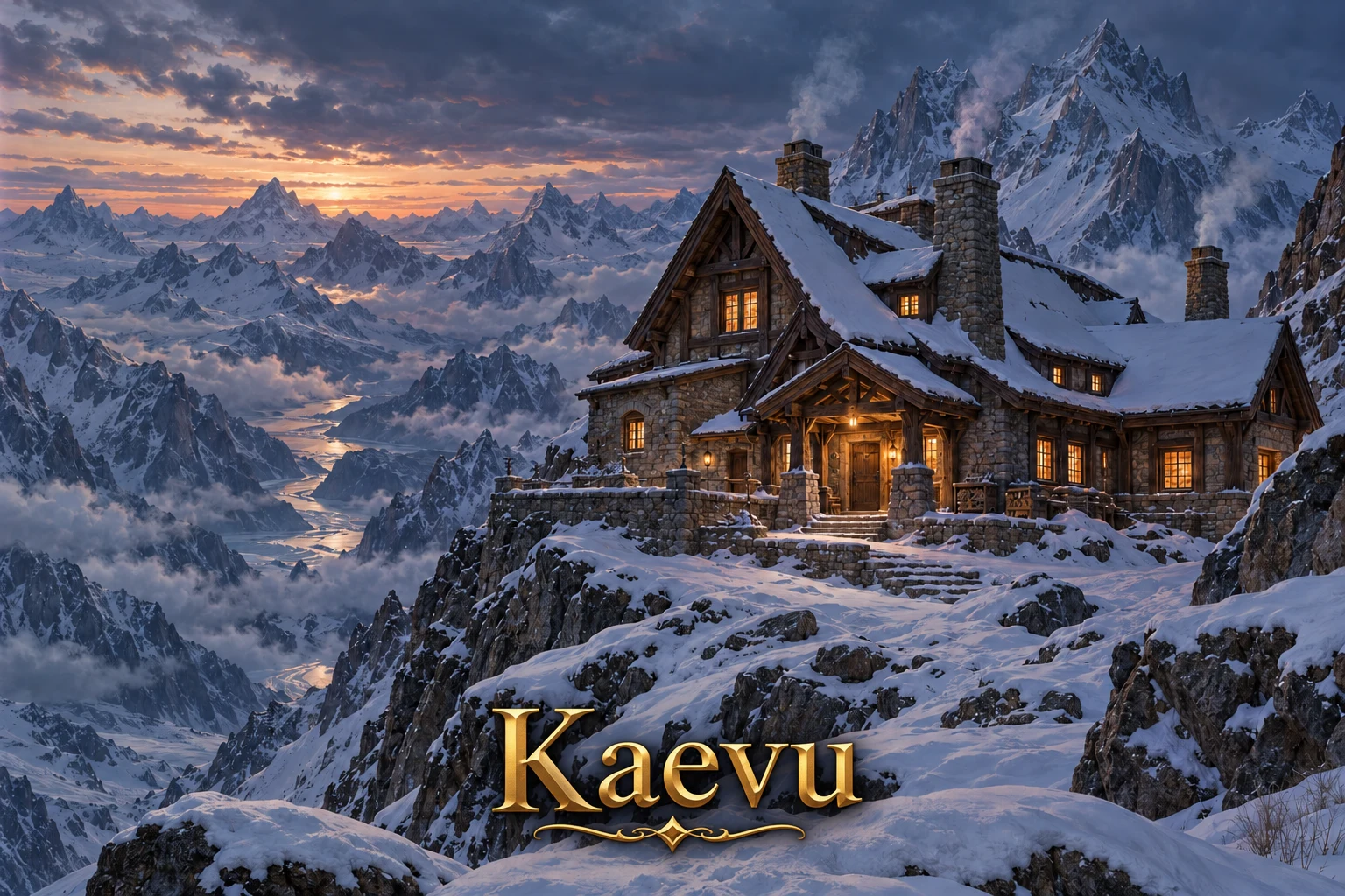 A snow-covered mountain lodge with glowing windows perched above a vast range of jagged peaks at sunset.