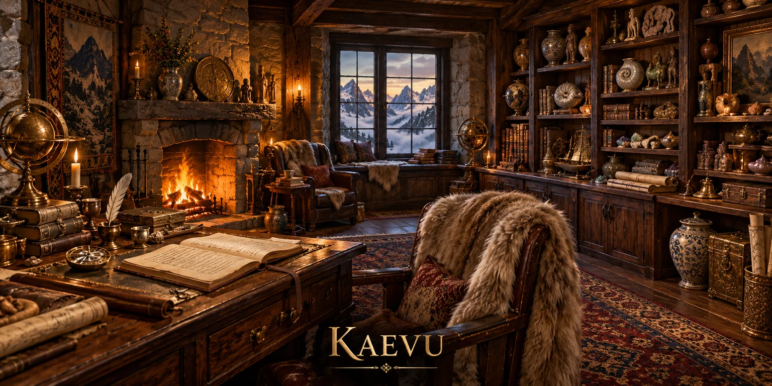 A candlelit study holds an open book, maps, brass instruments, fossils, and ancient treasures beside a fireplace and a window overlooking snowy peaks.